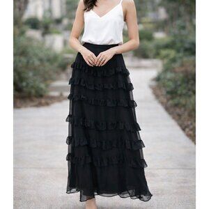Y2K 90s Black Silk Tiered Ruffle Maxi Skirt Fairy Grunge Size 16 Women's